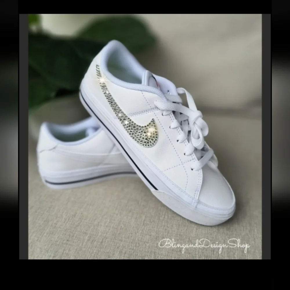 Bling Nike Women's Court Legacy White Sneakers Shoes Customized with Crystals